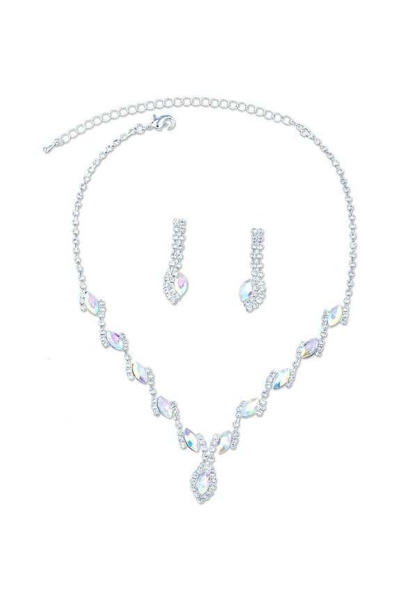 Bridal Jewelry Set Silver Aurora Borealis Rhinestone Necklace Earring For Wedding