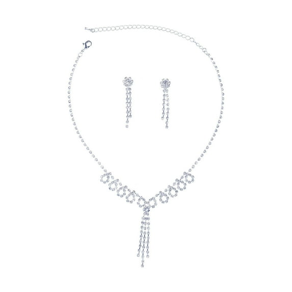 Bridal Jewelry Set Silver Crystal Rhinestone Chain Necklace Earring Set