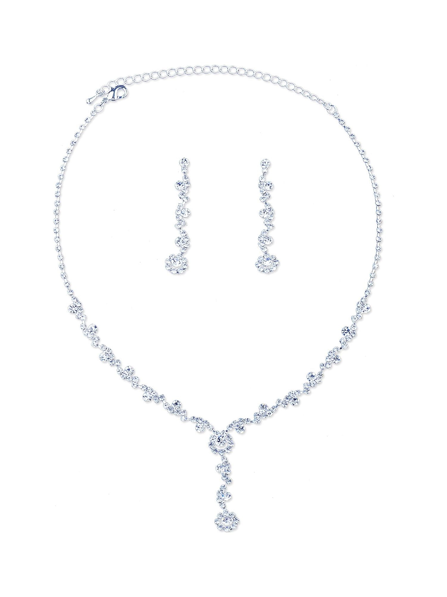 Bridal Jewelry Set Silver Crystal Teardrop Necklace Earrings Set For