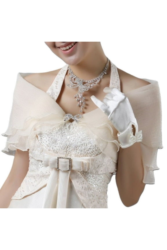 Bridal Layered Ruffles Bolero Solid Color Tiers Wedding Shawl Shrug Wrap Rhinestone Bowknot Off Shoulder Prom Capelet