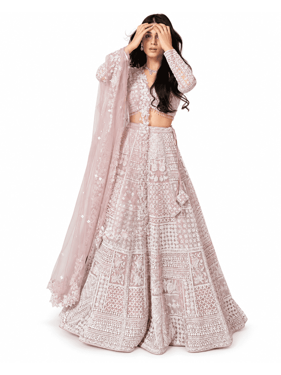 Bridal Lehenga Choli for Women Light Pink, Designer Net Lehenga Set with Resham Thread Sequins Work, Unstitched Blouse & Dupatta for Wedding Reception Sangeet