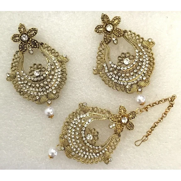 Bridal Maang Tikka Earring Set Bollywood Style Gold Tone Indian Kundan Jewelry 1