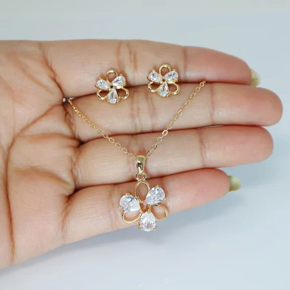 Bridal Necklace & Bridesmaid Earring Set 925 Silver 2Ct Pear Cut Simulated Diamond 14K Yellow Gold Plated