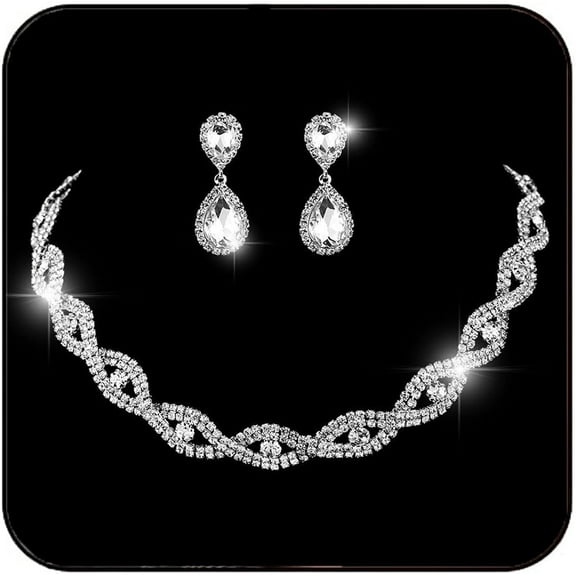 Bridal Necklace Set Prom Jewelry Sets Silver Crystal Jewelry Set Rhinestone Choker Necklaces and Earring Set for Women and Bride