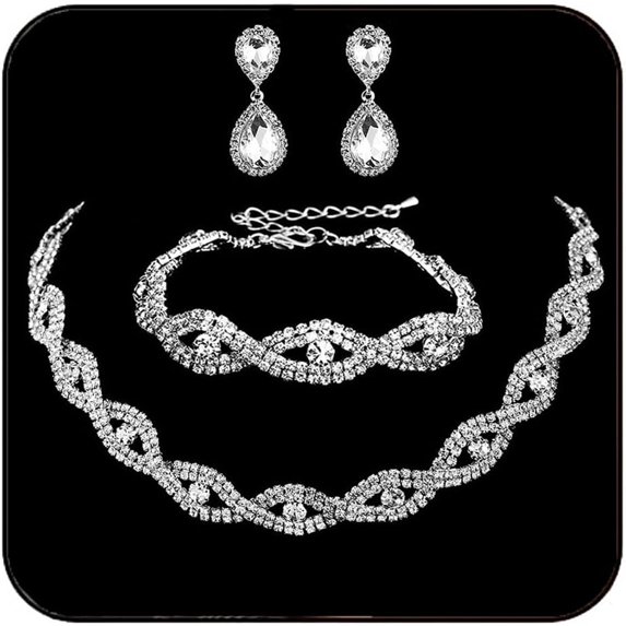 Bridal Necklace Set Prom Jewelry Sets Silver Crystal Jewelry Set Rhinestone Choker Necklaces and Earring Set for Women and Bride