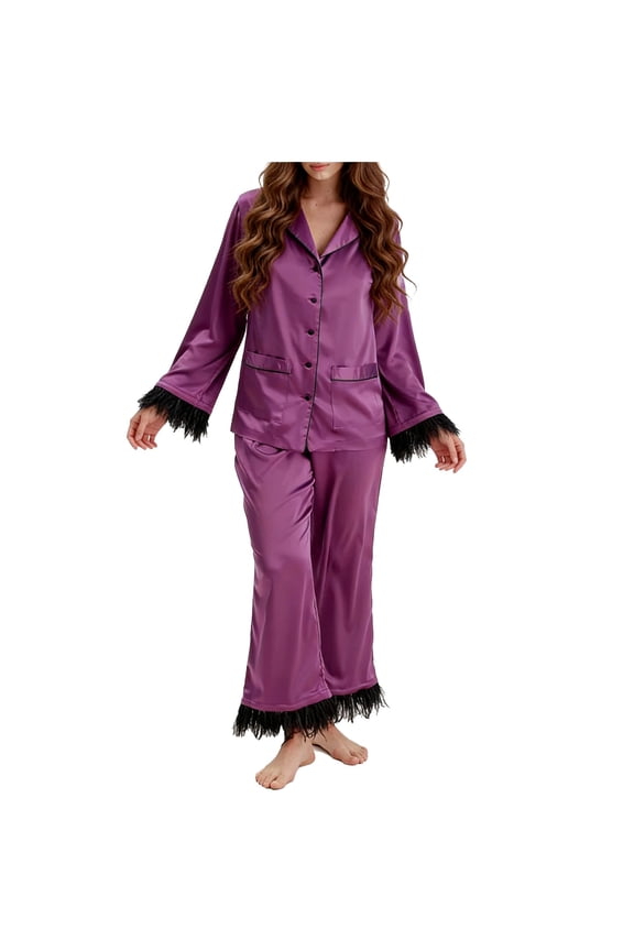 Bridal Pajama Set for Women Long Sleeve Button Down PjsShirts and Pants with Feather Trim Sleepwear Lounge Set
