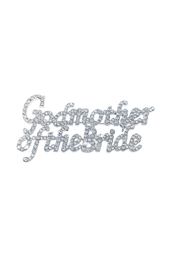 Godmother of the Bride Brooch Pin Silver Rhinestone Wedding Jewelry Gift, Elegant Bridal Party Keepsake, Sparkling Script Pin