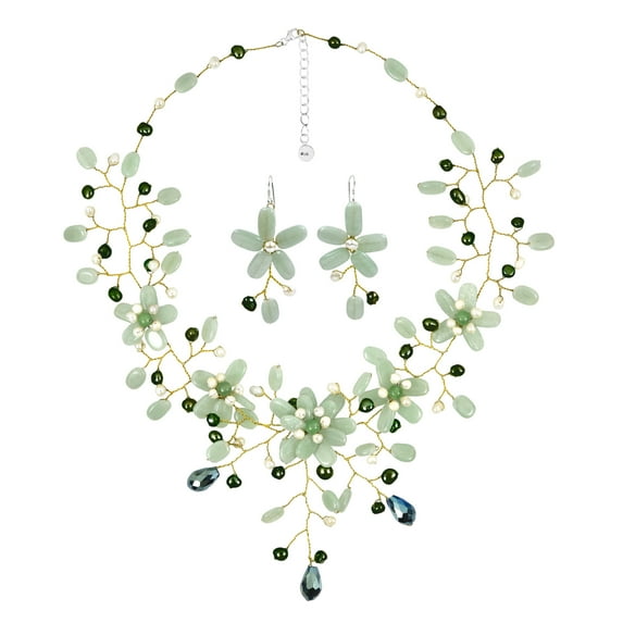 Bridal Party Green Thai Jade Floral Necklace Earrings Jewelry Set