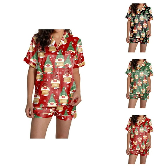 Bridal Party Pajamas – Satin Matching Sleepwear Women's Casual Christmas Print Pajama Set Silk Satin Short Sleeve Button Up Top And Shorts Set