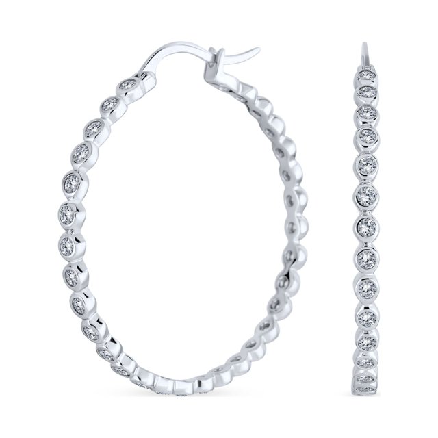 Bridal Pave CZ Thin Big Hoop Earrings .925 Sterling Silver