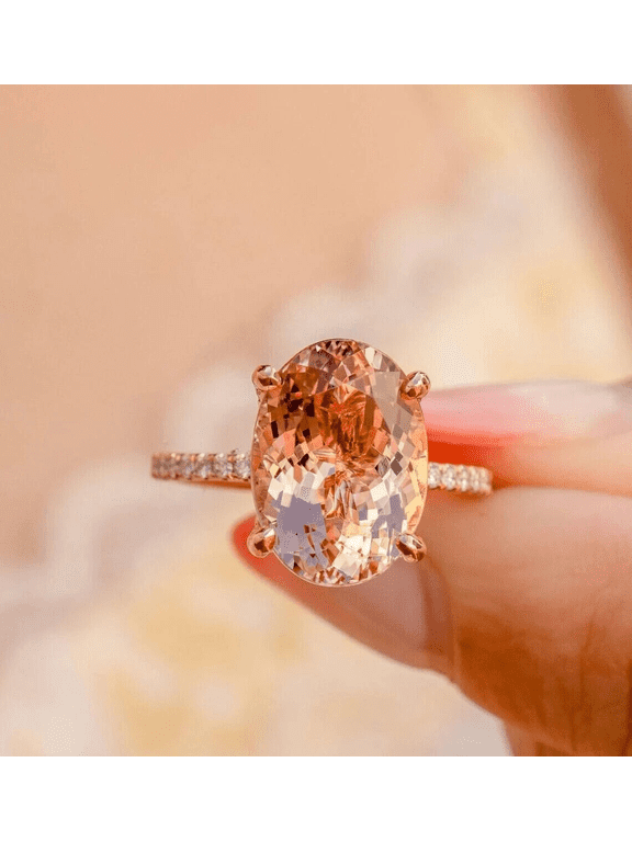 Bridal Peach Morganite With Diamond Setting Ring, 14K Gold, Christmas Gift Ring