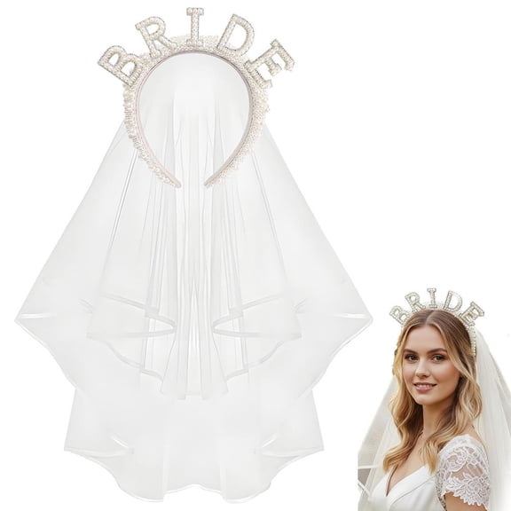 Bridal Pearl Headband with Veil - Elegant Wedding Hair Accessories for Bride, Pearl Tiara with 75" Veil