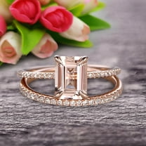 Bridal Ring 1.50 Carat Emerald Cut Morganite Wedding Set Engagement Ring On 10k Rose Gold Anniversary Gift Glaring Staggering Ring