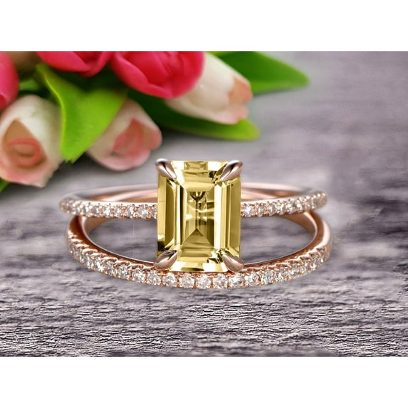 Bridal Ring 2 Carat 7x5mm Emerald Cut Champagne Diamond Moissanite Wedding Set Engagement Ring On 10k Rose Gold Anniversary Gift Glaring Staggering Ring