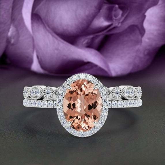 Bridal Ring Set Art Deco 2.25 Carat Oval Cut Morganite And Diamond Moissanite Engagement Ring, Wedding Ring in 10k Solid White Gold, Gift For Her, Gift For Woman, Promise Ring, Anniversary Gift
