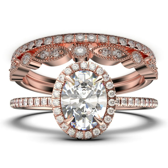 Bridal Ring Set Art Deco 2.50 Carat Oval Cut Diamond Moissanite Engagement Ring, Wedding Ring in 10k Solid White Gold, Gift For Her, Gift For Woman, Promise Ring Trio set
