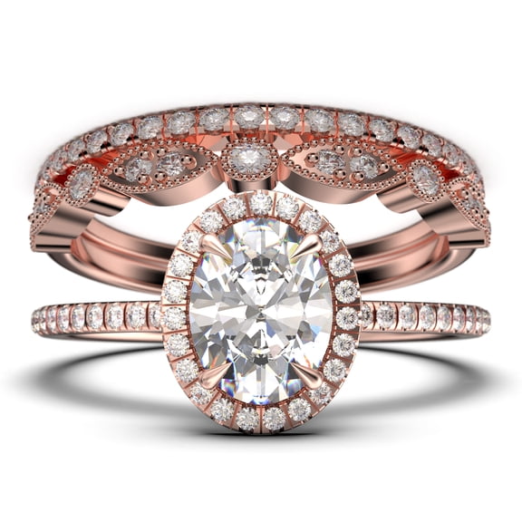 Bridal Ring Set Art Deco 2.50 Carat Oval Cut Diamond Moissanite Engagement Ring, Wedding Ring in 925 Sterling Silver With 18k White Gold Plating, Promise Ring,Trio set