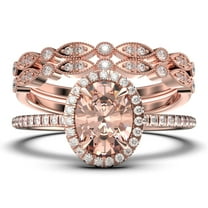 Bridal Ring Set Art Deco 2.50 Carat Oval Cut Morganite And Diamond Moissanite Engagement Ring, Wedding Ring in 10k Solid White Gold, Gift For Her, Gift For Woman, Promise Ring Trio set