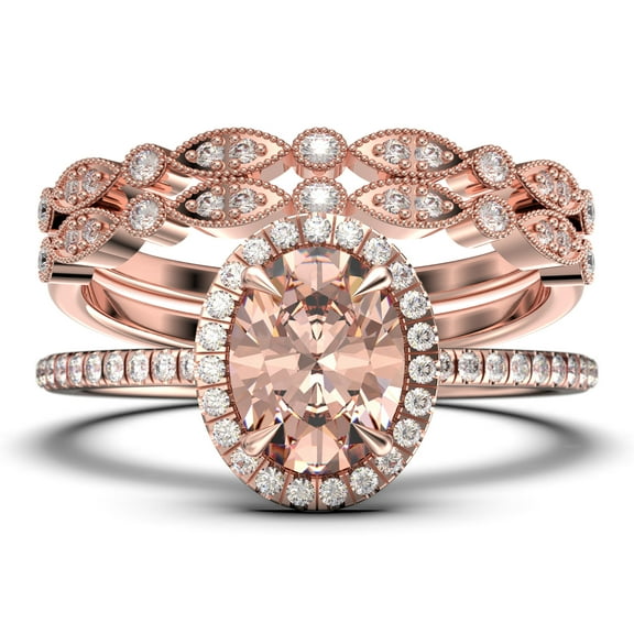 Bridal Ring Set Art Deco 2.50 Carat Oval Cut Morganite And Diamond Moissanite Engagement Ring, Wedding Ring in 10k Solid White Gold, Gift For Her, Gift For Woman, Promise Ring Trio set