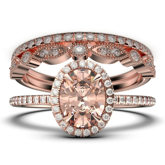 Bridal Ring Set Art Deco 2.50 Carat Oval Cut Morganite And Diamond Moissanite Engagement Ring, Wedding Ring in 925 Sterling Silver With 18k White Gold Plating, Promise Ring,Trio set