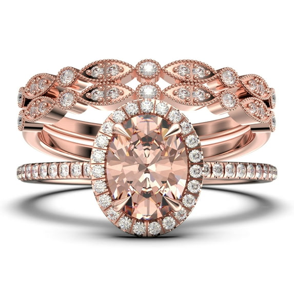 Bridal Ring Set Art Deco 2.50 Carat Oval Cut Morganite And Diamond Moissanite Engagement Ring, Wedding Ring In 10K Solid White Gold, Gift For Her, Gift For Woman, Promise Ring Trio Set