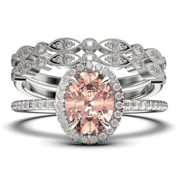 Bridal Ring Set Art Deco 2.50 Carat Oval Cut Morganite And Diamond Moissanite Engagement Ring, Wedding Ring In 925 Sterling Silver With 18K White Gold Plating, Promise Ring,Trio Set