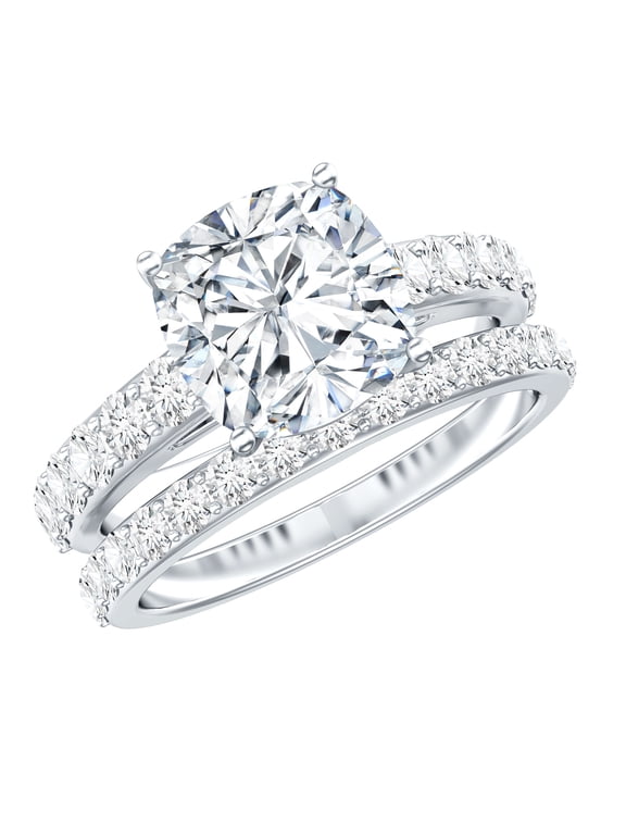 Certified Moissanite Wedding Ring Set - Moissanite Cushion Cut Engagement Ring with Enhancer - D-VS1 Grade, 10K White Gold, US 8.00