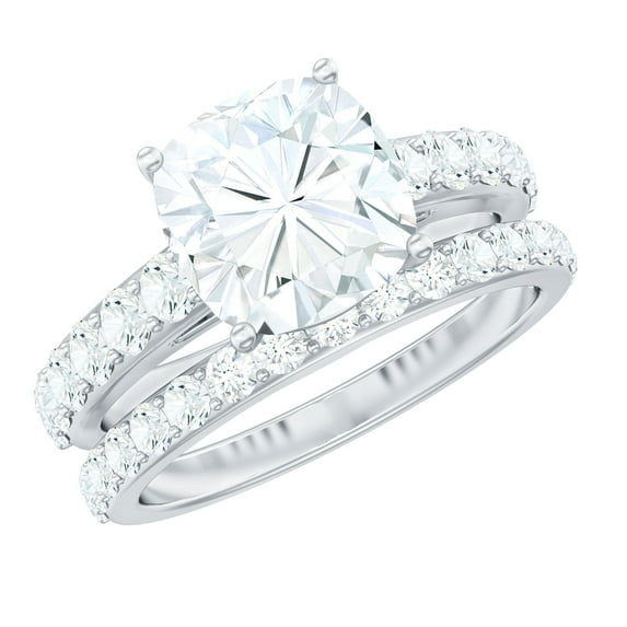 Rosec Jewels Certified Moissanite Wedding Ring Set - Moissanite Cushion Cut Engagement Ring with Enhancer - D-VS1 Grade, 14K White Gold, US 12.00
