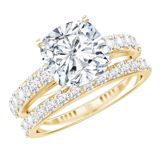 Rosec Jewels Certified Moissanite Wedding Ring Set - Moissanite Cushion Cut Engagement Ring with Enhancer - D-VS1 Grade, 14K Yellow Gold, US 7.50