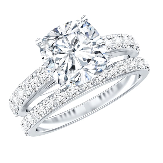 Rosec Jewels Certified Moissanite Wedding Ring Set - Moissanite Cushion Cut Engagement Ring with Enhancer - D-VS1 Grade, 18K White Gold, US 13.00