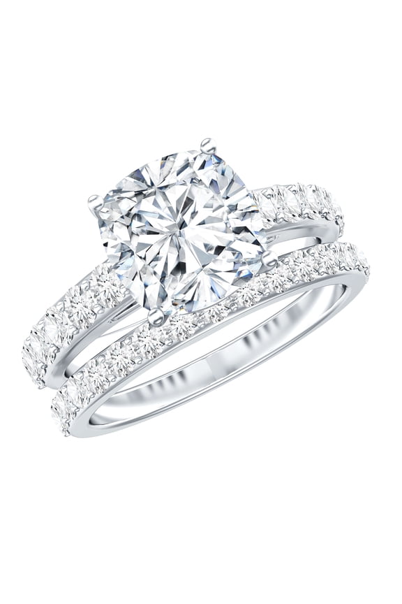 Certified Moissanite Wedding Ring Set - Moissanite Cushion Cut Engagement Ring with Enhancer - D-VS1 Grade, 925 Sterling Silver, US 8.00