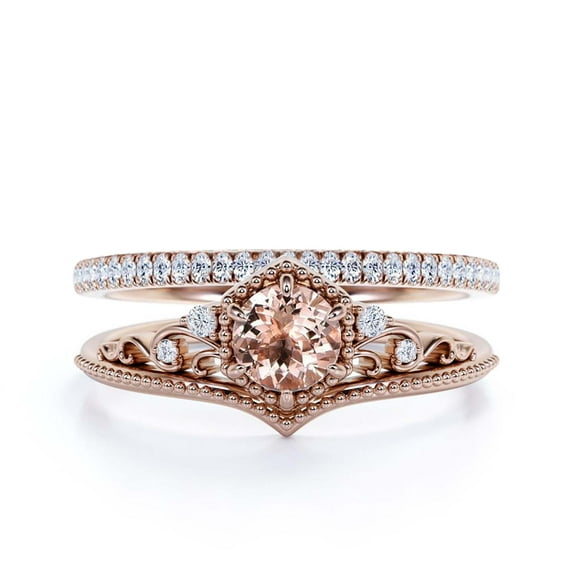 Bridal Rings Art Deco 2.00 Carat Round Cut Morganite And Diamond Moissanite Crown Engagement Ring, Wedding Ring in 925 Sterling Silver With 18k Rose Gold Plating, Promise Rings, Anniversary Ring