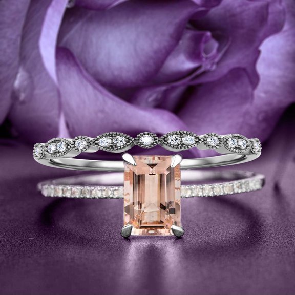 Bridal Rings Set Art Deco 1.75 Carat Emerald Cut Morganite And Diamond Moissanite Antique Engagement Ring, Wedding Ring in 925 Sterling Silver With White Gold Plating, Promise Ring, Anniversary Ring