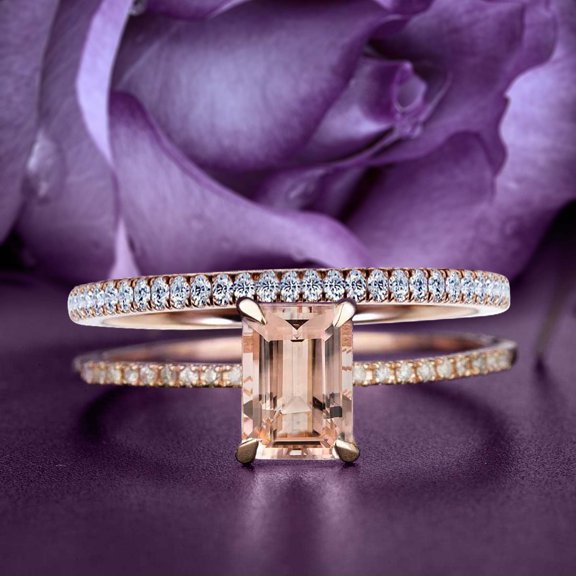 Antique 1.75 Carat Emerald Cut Morganite & Moissanite Bridal Set in 925 Sterling Silver with 18k Rose Gold Plating