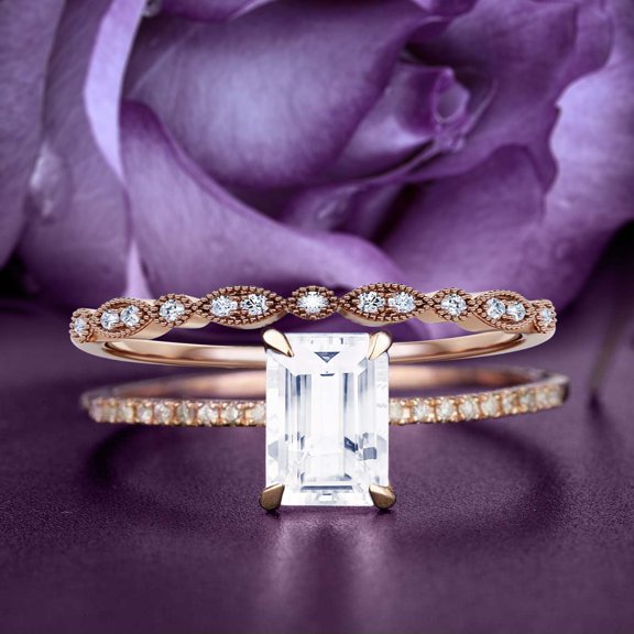 Bridal Rings Set Dazzling Art Deco 1.75 Carat Emerald Cut Diamond Moissanite Antique Engagement Ring, Wedding Ring in 10k Solid Rose Gold, Gift For Her, Promise Ring, Anniversary Ring