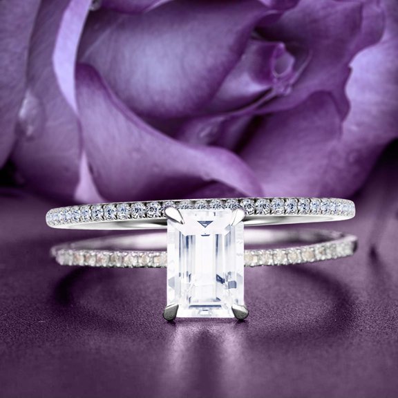 Bridal Rings Set Dazzling Art Deco 1.75 Carat Emerald Cut Diamond Moissanite Antique Engagement Ring, Wedding Ring in 10k Solid White Gold, Gift For Her, Promise Ring, Anniversary Ring