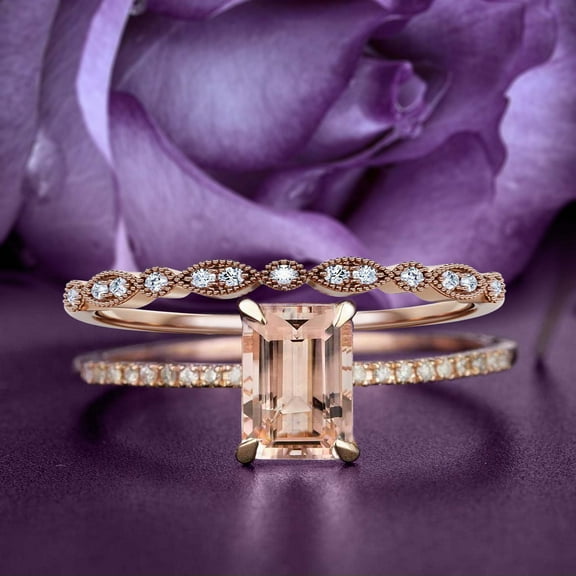 Bridal Rings Set Dazzling Art Deco 1.75 Carat Emerald Cut Morganite And Diamond Moissanite Antique Engagement Ring, Wedding Ring in 10k Solid Rose Gold, Gift For Her, Promise Ring, Anniversary Ring