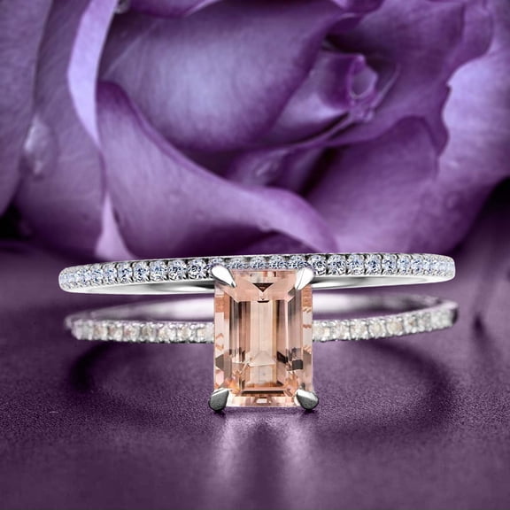 Antique 1.75 Carat Emerald Cut Morganite & Moissanite Bridal Set in 10k White Gold
