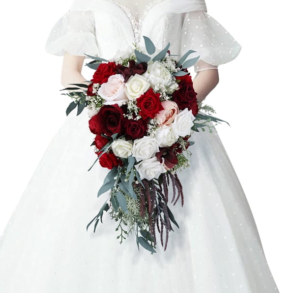 Bridal Rose Bouquet, Artificial Waterfall Wedding Flowers, Bride Holding Bouquet for Wedding, Proposal, Anniversary, and Romantic Photo Props