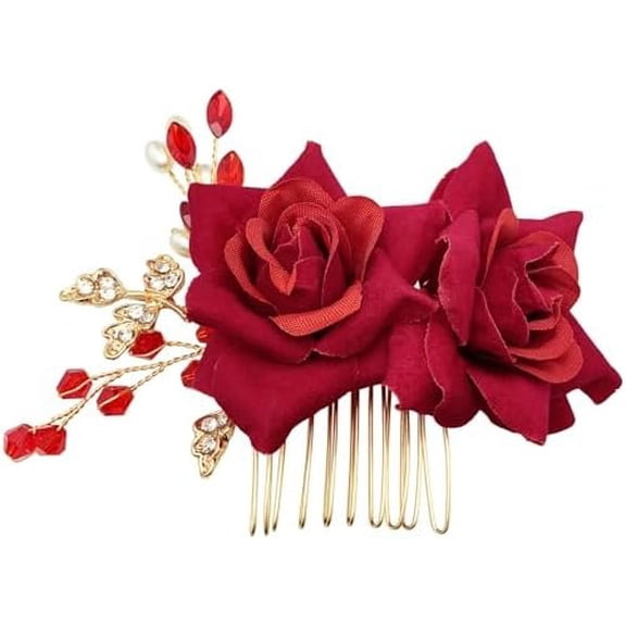 Bridal Rose Flower Headpiece Boho Leaf Red Flower Side Comb Hair Accessories for Wedding Party