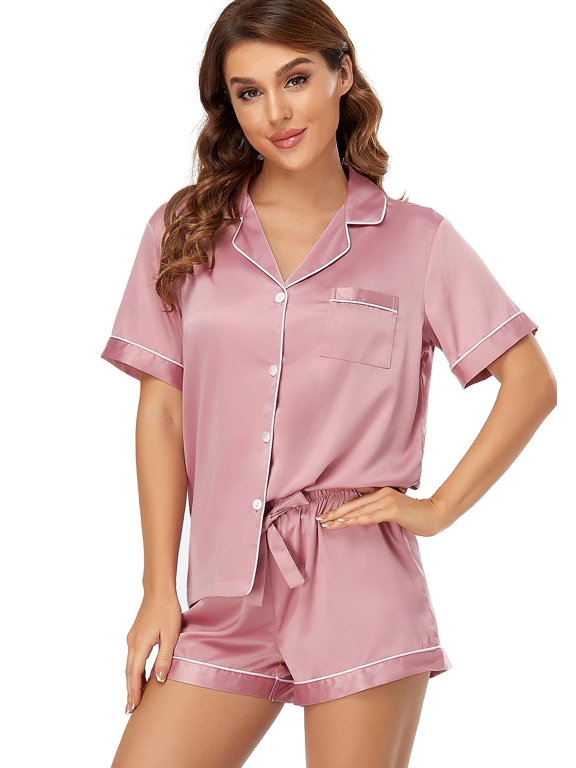 Bridal Rose Satin Pajama Set Button-Front Short Sleeve Sleepwear 2-Piece
