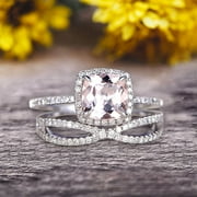 JEENJEWELS Bridal Set 1.75 Carat Cushion Morganite Engagement Ring Set Wedding Ring Solid 10k White Gold Promise Ring for Bride Loop Curved Matching Band Halo Ring