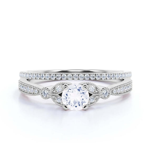 Bridal Set 2.00 Carat Round Cut Diamond Moissanite Engagement Ring, Matching Wedding Band in 925 Sterling Silver With 18k White Gold Plating, Leaf Ring, Gift For her, Promise Ring, Anniversary Gift
