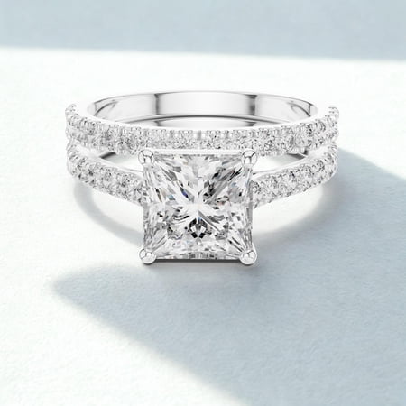 Bridal Set Diamond Engagement Ring, Pave Set Stackable Diamond Wedding Ring, Princess Cut Diamond Proposal Ring, Matching Half Eternity Band For Women, 2.2 Ct Simulated Diamond, 14K White Gold Plated