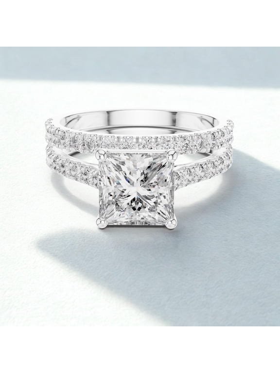 Bridal Set Diamond Engagement Ring, Pave Set Stackable Diamond Wedding Ring, Princess Cut Diamond Proposal Ring, Matching Half Eternity Band For Women, 2.2 Ct Simulated Diamond, 14K White Gold Plated
