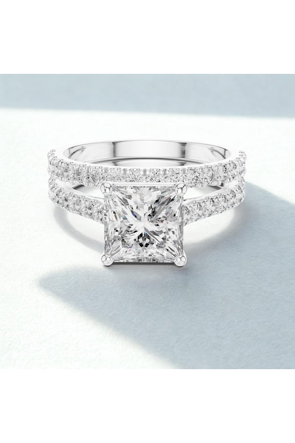 Bridal Set Diamond Engagement Ring, Princess Cut Diamond Proposal Ring, 2.2 Ct Simulated Diamond, 14K White Gold Plated, Pave Set Stackable Diamond Wedding Ring, Matching Half Eternity Band For Women