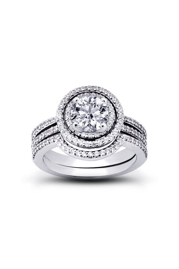 Bridal Set Halo Stackable Engagament Ring For Her Gift 1.9 Ct Diamond 14K White Gold Over