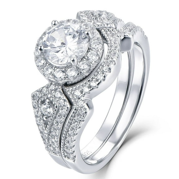 Bridal Set Round Cut Halo Engagement Ring, Milgrain Half Eternity Wedding Band, 2.2 Ct Simulated Diamond, 925m Sterling Silver, Beautifull Pave Set Daily Wear Women's Ring For special occasions