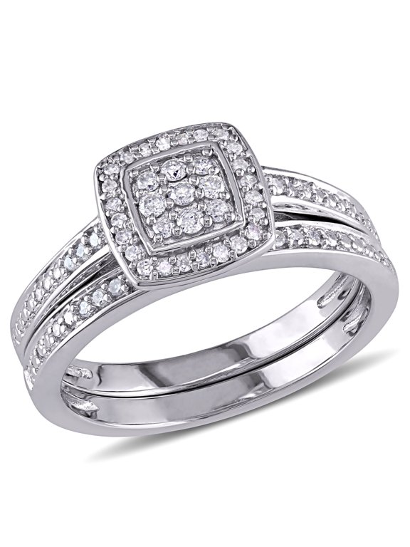 Bridal Set Square Shape Halo Wedding Ring, Pave Set Half Eternity Stackable Engagement Ring, 2.2 Ct Round Cut Simulated Diamond, 14K White Gold Plated, Proposal Promise Women's Anniversary Gift