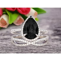 Bridal Set Tear Droped Black Diamond Moissanite Engagement Ring 2.50 Carat 8x5mm Pear Shape Gemstone Wedding Set Anniversary Ring On 10k White Gold Shining Jewelry With Matching Band